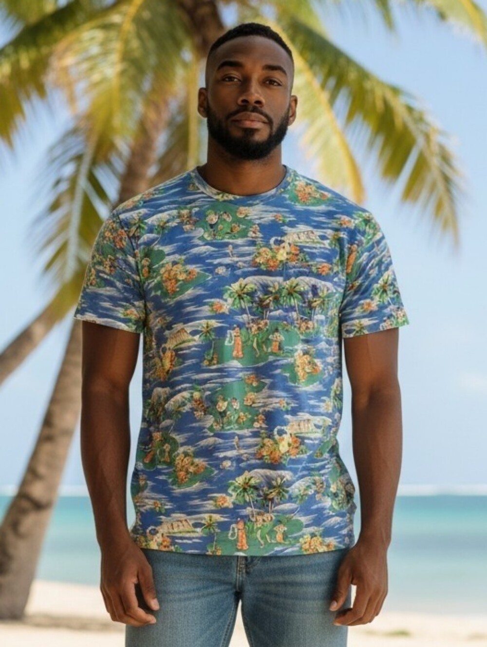 POLO Ralph Lauren Mens Medium Hawaiian Shirt Tropical Print Short Sleeve Cotton